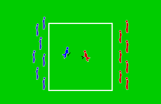 Sul campo del gioco dello scalpo, al centro, si incontrano i due giocatori chiamati.